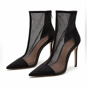 Black Sheer Mesh Pointed Toe Ankle Boots 4 Inch Stiletto Size 40
